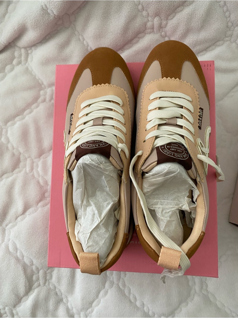 Sam Edelman Pink and Tan Retro-Inspired Lace-Up Sneakers - Picture 2 of 5